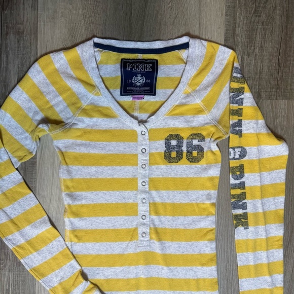 Y2K Vintage Victoria’s Secret PINK Yellow and Gray Striped Long Sleeve Henley - Picture 3 of 8